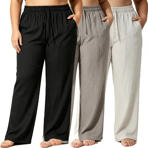 3-pack (Fabric upgraded for greater durability than before). Full-figured women’s drawstring joggers with a ruched linen texture, high-stretch waistband, loose wide legs, and side pockets (no elastic at the hem); breathable, lightweight summer casual beac