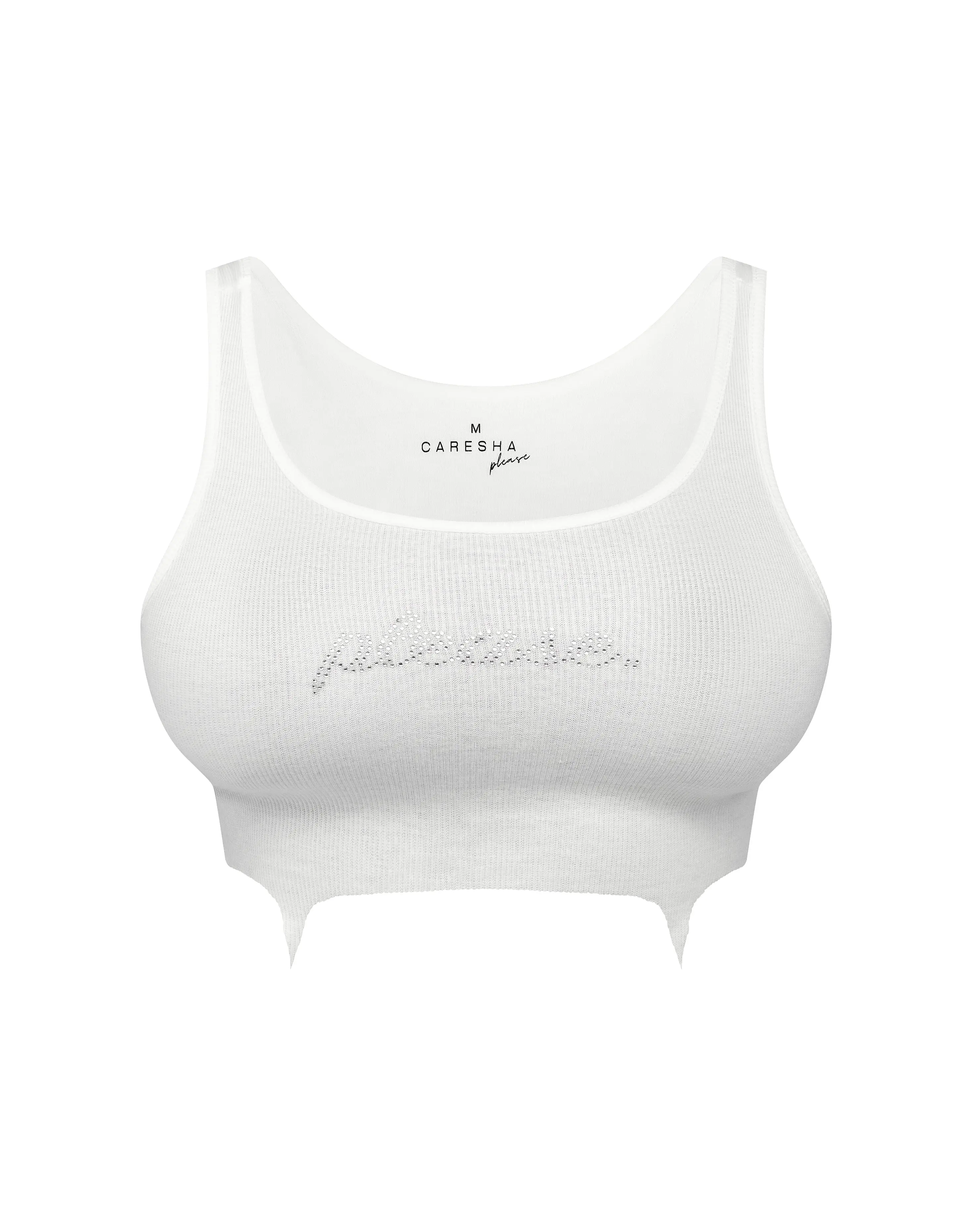 Please Crop – Women’s White Stretch Crop Tank Top, Sleeveless Fitted Cropped Shirt with Rhinestone Logo, Trendy Casual Streetwear Top