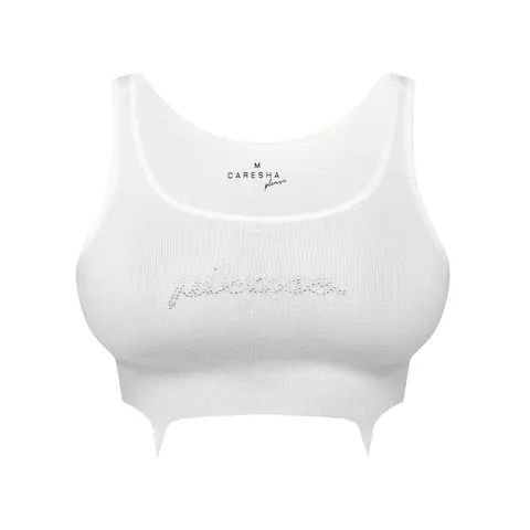 Please Crop – Women’s White Stretch Crop Tank Top, Sleeveless Fitted Cropped Shirt with Rhinestone Logo, Trendy Casual Streetwear Top