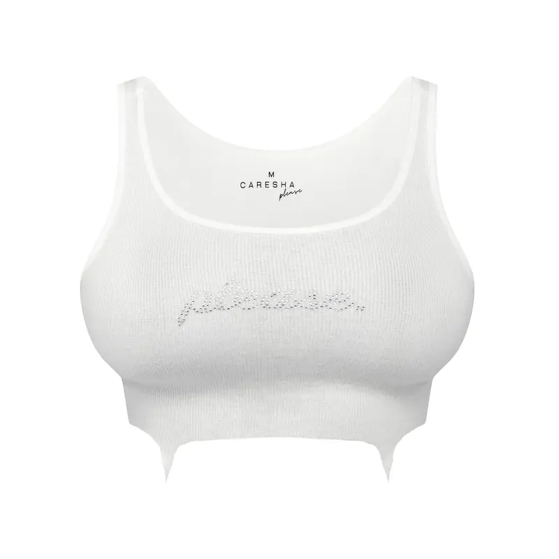Please Crop – Women’s White Stretch Crop Tank Top, Sleeveless Fitted Cropped Shirt with Rhinestone Logo, Trendy Casual Streetwear Top