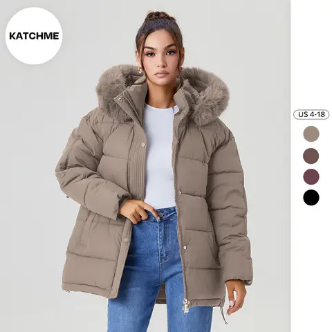 KatchMe Women's Cozy Solid Color Detachable Fluffy Hooded Zip-Up Belt Decor Cotton Coat, Leisure Outerwear Jacket for Fall & Winter, Classy Thermal Outfit