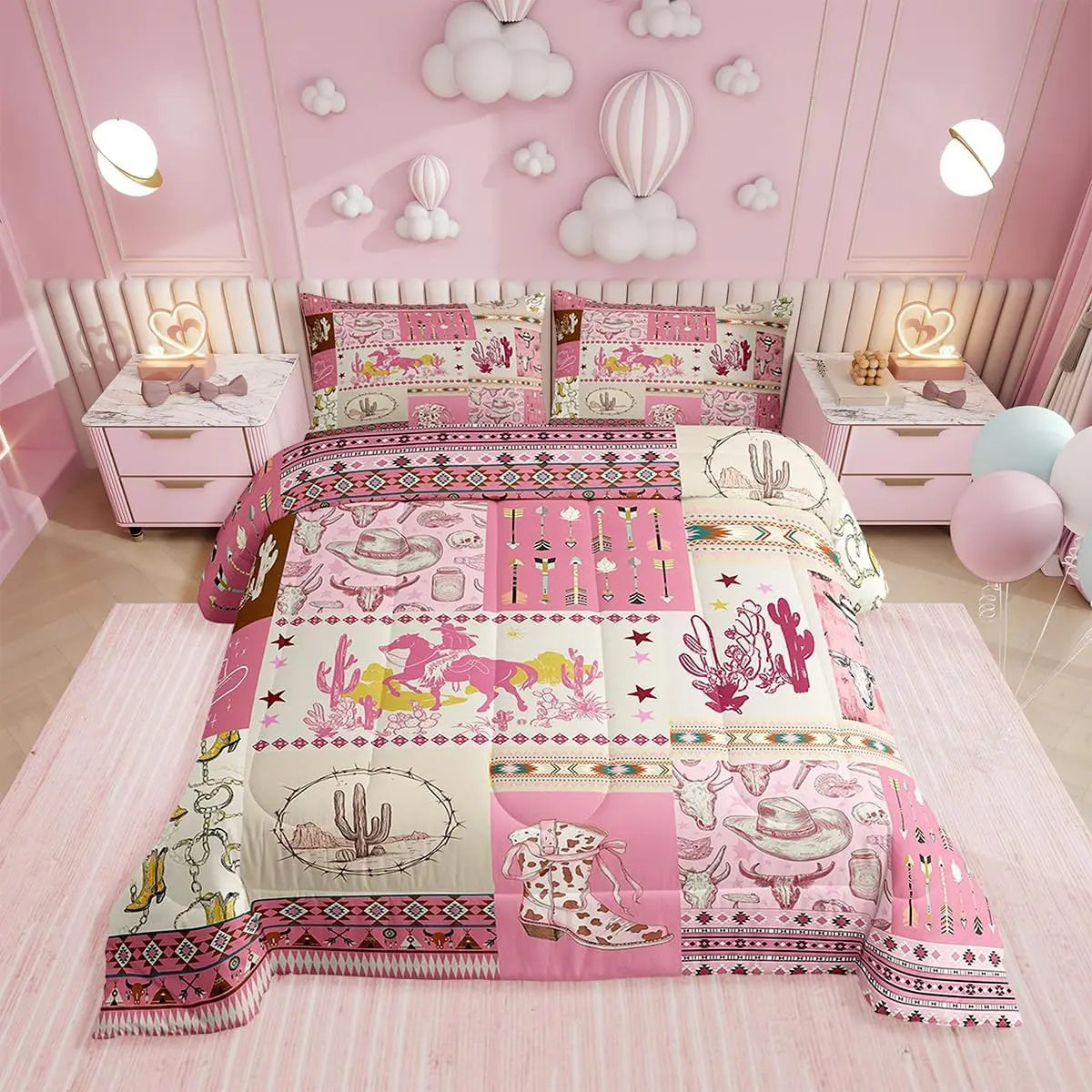 Feelyou Cowgirl Western Bed Set - Decorative Bedding Set with Fluffy Cow Print Blanket, Horseshoe Motif, Cactus Blush Patchwork Design, Breathable Quilt, Wild Western Country Comforter, Bed Sets