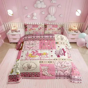 Feelyou Cowgirl Western Bedding Set - Fluffy Cow Print Blanket, Horseshoe Motif, Cactus Blush Patchwork Design, Breathable Quilt, Wild Western Country Comforter Set
