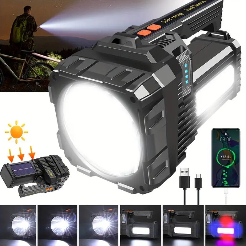 High Lumens Rechargeable Solar Searchlight - 6 Modes Portable LED Work Light, USB Rechargeable Flashlight for Camping, Hiking, Emergency, Outdoor Jobs