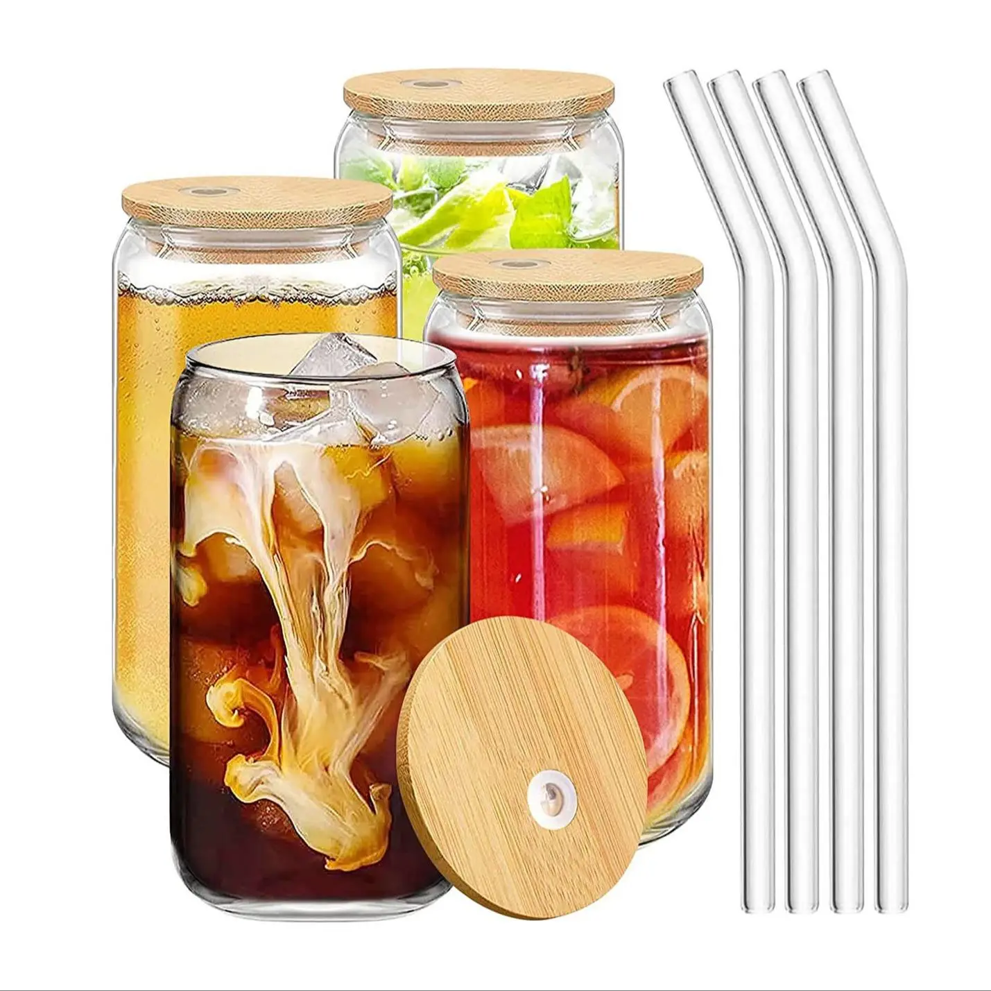 Wooden Lid Glass with Straw, 1 Count Summer Can Shaped Glass Cups for Iced Coffee, Portable Kitchen Juice Cup, Cute Tumbler Cups Great for Soda Boba T
