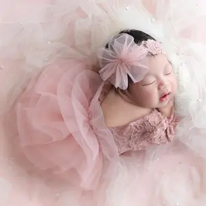 Newborn Girl Photoshoot Outfits Lace Newborn Photography Outfits Elastic Romper with Headband Baby Cute Elegant Gorgeous Photography Outfit Costume - Pink