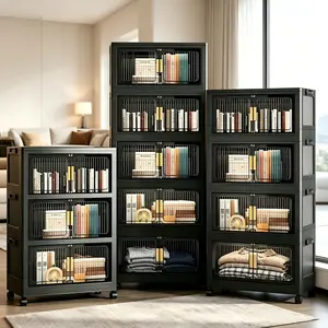23.6-inch Wide Plastic Storage Bin with Lid—Foldable, Stackable Storage Bin with Wheels; Organizer and Storage Cabinet with Wheels and Door; Storage and Organization Container for Living Rooms, Offices, and Dorm Rooms