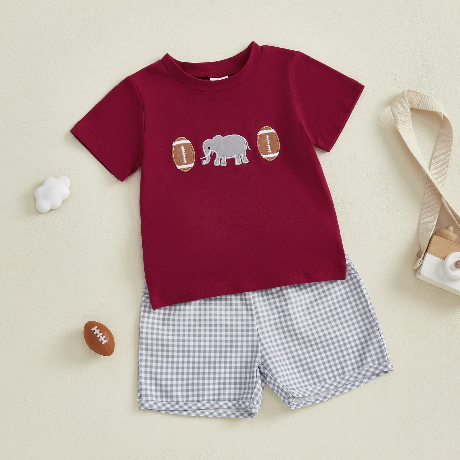 Toddler Baby Boys Summer Shorts Sets Short Sleeve Rugby Elephant Embroidery Tops and Plaid Shorts