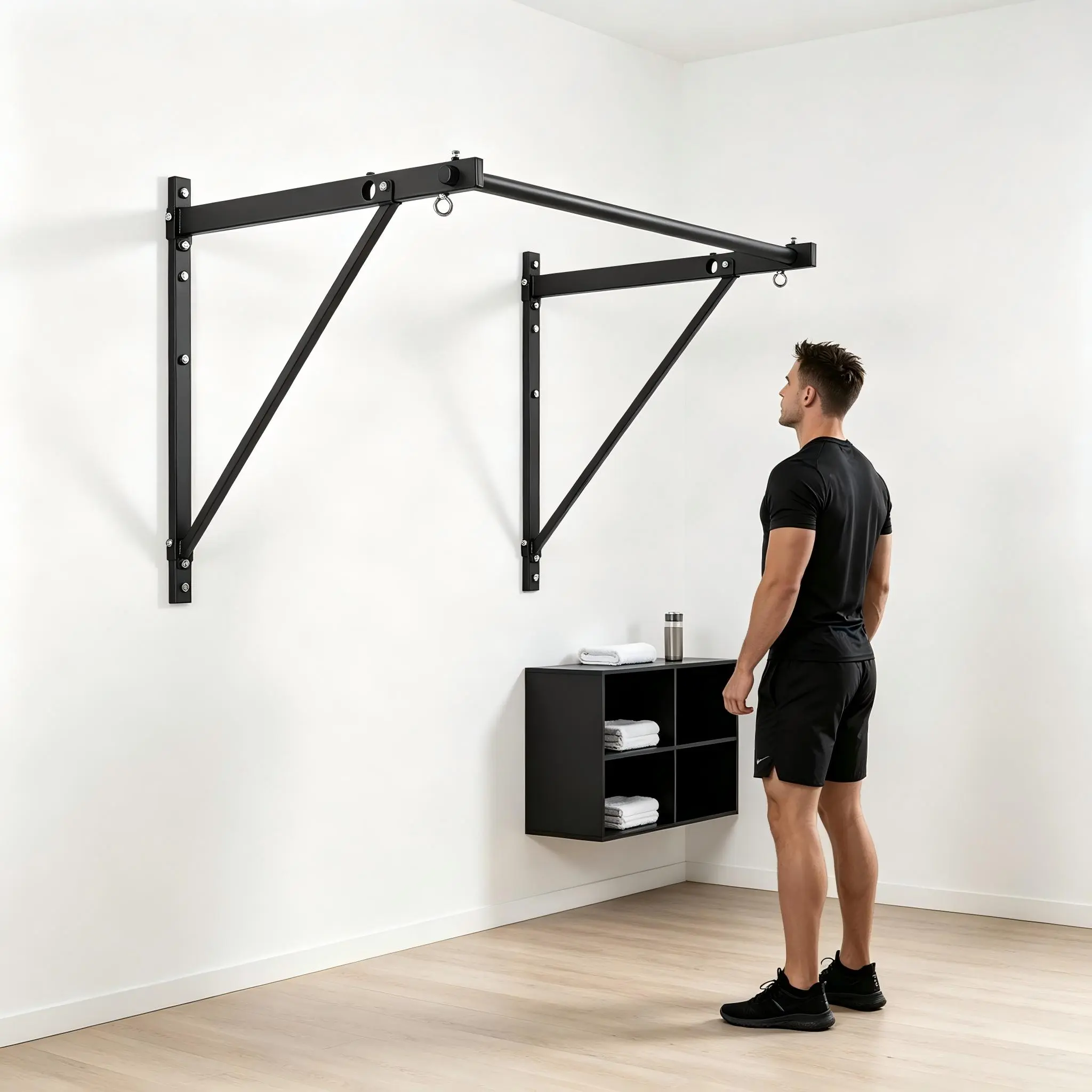 Wall Mounted Pull Up Bar, Heavy Duty 440LBS Carbon Steel Chin Up Bar for Home Gym, Dual Adjustable Depth 22in/30in, Robust Steel Frame, Ergonomic Grips, Door Frame Alternative, Easy Install for Wood & Concrete Walls, Upper Body Strength Training Equipment