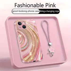 Aesthetic glitter swirl case for iPhone 14 Plus with cute flower wrist strap, luxury marble design for girls and women, TikTok viral case — 975