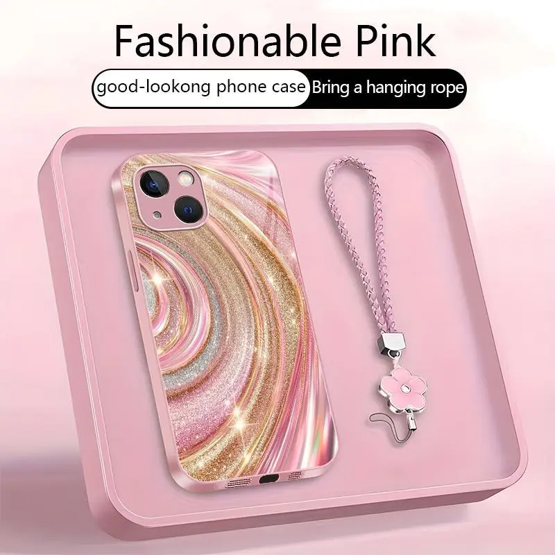 Aesthetic glitter swirl case for iPhone 14 Plus with cute flower wrist strap, luxury marble design for girls and women, TikTok viral case — 975