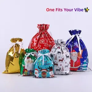 Christmas and New Year Drawstring Gift Bags, 20 PCS Colorfast Durable Holiday Gift Bags, Assorted Sizes (S, M, L, XL) for Festive Wrapping, Express Collection, Gift Pouch, with 15 PCS Blessing Card.（PET and  Burlap are optional）