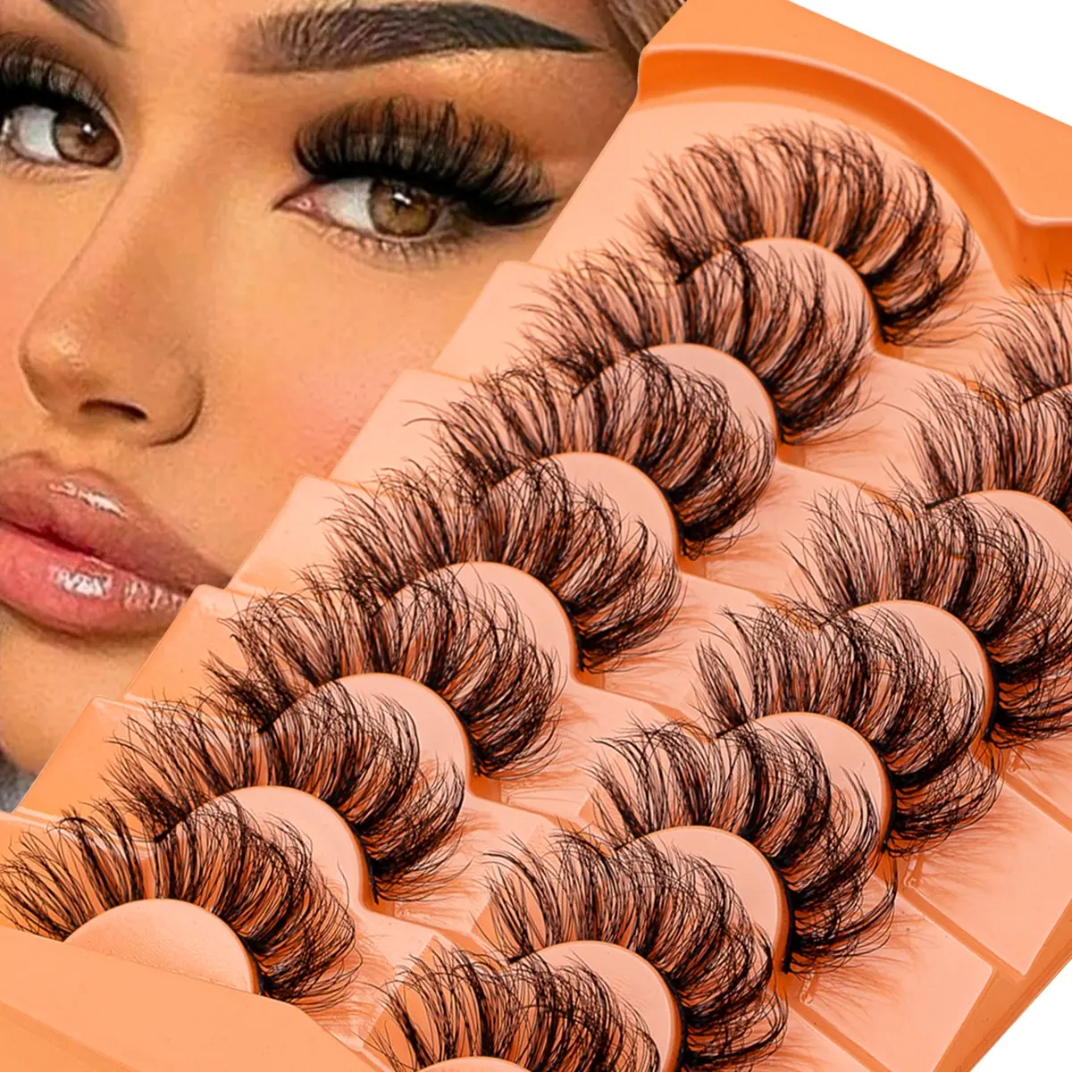 7 Pairs False Eyelashes Faux Mink Lashes Makeup Cat-Eye Look Fluffy Wispy Long 8D Volume Fake Eyelash Strips 7 Pairs Pack