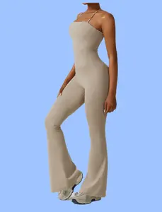 Women's Solid Color Quick-Dry Yoga Jumpsuit，Slimming Tummy Control Flared Sports Backless Stretchy Tight-Fitting Workout Gym Clothing Stylish Activewear