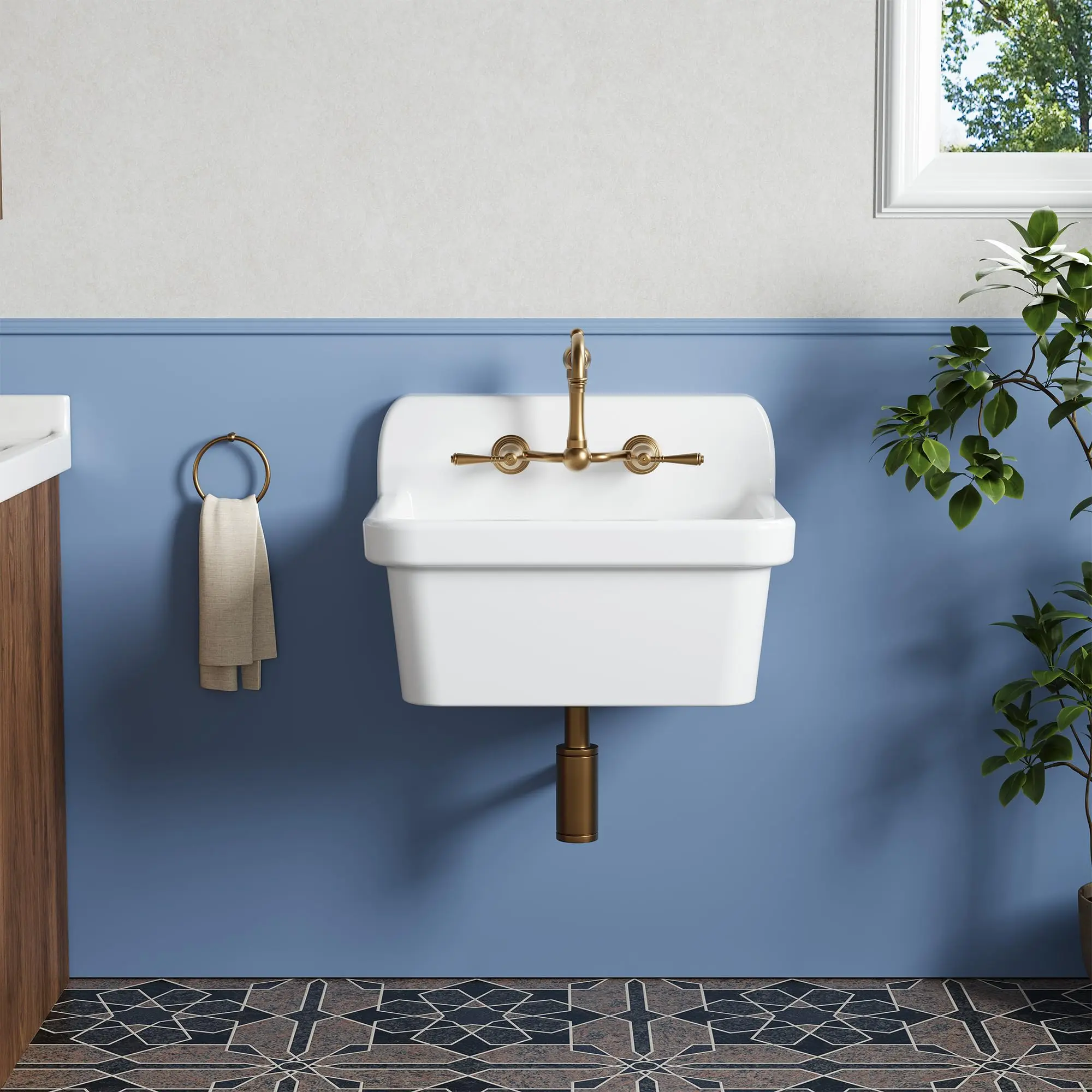 Garvee 30x20 Inch Wall Mount Utility Sink – Garvee Ceramic Laundry Tub with High Backsplash, Modern Farmhouse Porcelain Basin for Garage, Mudroom, Kitchen & Bathroom, White