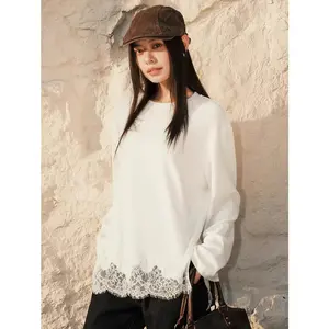 URBAN REVIVO Women's Crew Neck Oversized Longsleeve Tshirt - 2026 Trending Spring Cotton Blend Acrylic Stretch Fabric, Lace Panel Blouse, Women's Clothes, 1-Piece UR2026 UWJ460015 Womenswear