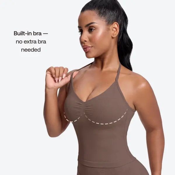 BetterMe Women's Dusty Taupe Twill Knit SculptMe Longline Halterneck Built-In Removable Pads Tank Top - Seamless Strength Training Vest, Fitness Outfit, Yoga Gym Workout Activewear