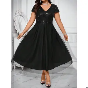 Outfit Maxi Mesh Patchwork Size Plus Women Cravure s Sequin Hem Dress