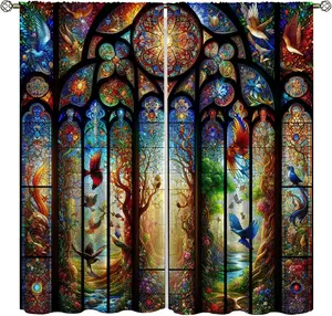 Magic Stained Glass Curtains Dream Forest Bird Geometric Patchwork Abstract Blackout Window Treatments for Kids Boys Girls Bedroom Living Room 72" W X 63" L