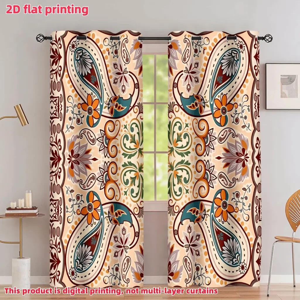 2D Flat 2Pcs Bohemian Paisley Pattern Curtains, Ethnic Floral Print Window Panels, Semi-Shading Decorative Drapes with Rod Pockets for Living Room, Bedroom, Dining, Home Decor, Accessory, Anti Privacy.