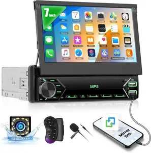 Car Stereo Single Din Touchscreen, 7 Inch Flip Out Car Radio 1 DIN with Bluetooth FM Radio SWC Mirror Link for Android/iOS Phone Support TF/USB + Backup Camera + MIC