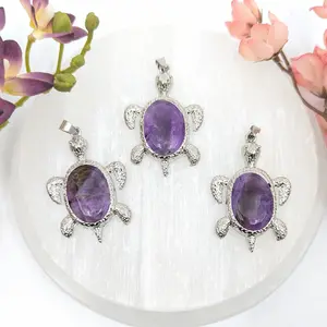 Amethyst Oval Turtle Bezel Pendant 2 Inch