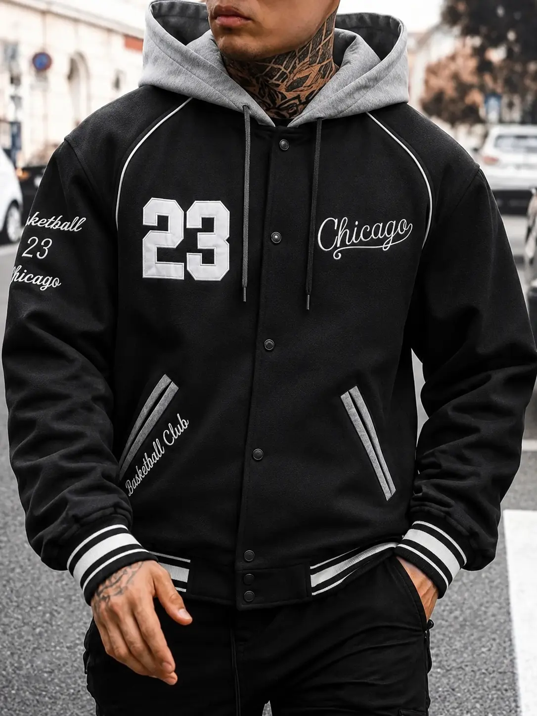 Single item: “23” Chicago embroidered baseball jacket, removable gray fleece cap, unisex design, black base, retro basketball style, thickened fleece outerwear — sold individually.