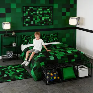 Pixelated Miners Game Kids Comforter Set,Geometric Check Video Games Bedding Set,Boys Room Decor,Gamepad Camo Grid Quilt Comforter,Black Green Duvet Set,Bedroom Quilt Set