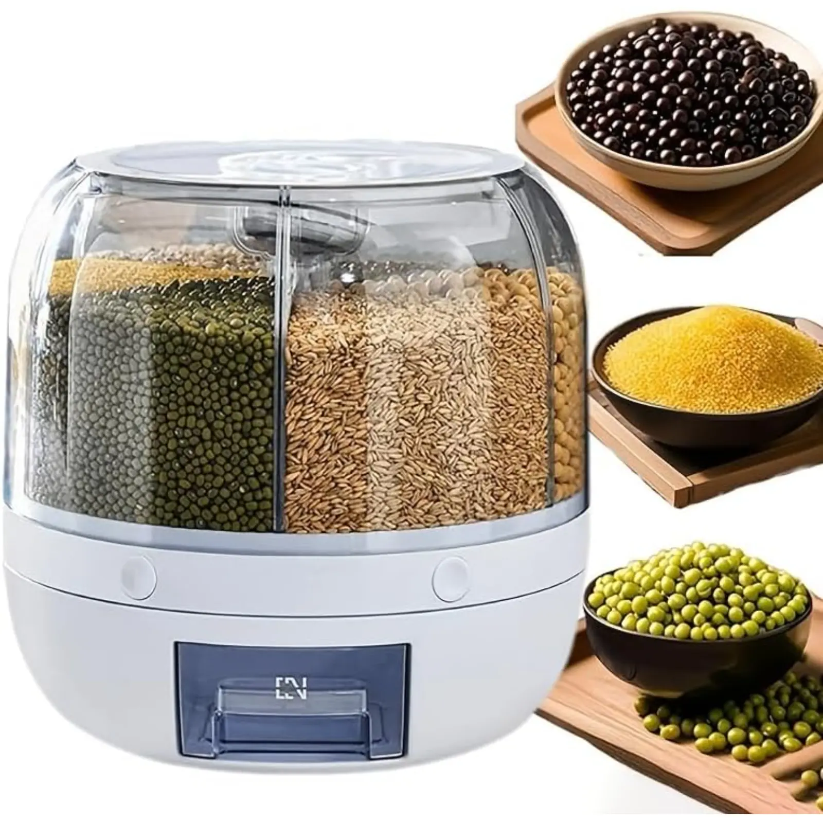 6-Compartment Circular Collapsible Grain Storage Container, 360° Rotating Dustproof Leak-Proof Kitchen Preserving Container with 1-Click Dispense for Grains, Beans, Circular Form