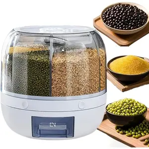 Rotating Grain Storage Container 6-Compartment Rice Dispenser 360° Rotating Food Dispenser One-Click Output Round Grain Dispenser for Grains Beans Rice Kitchen Storage Solution