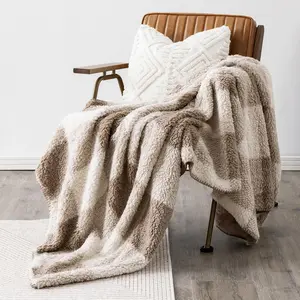 Checkered Sherpa Fleece Throw Blanket - Extra Thick and Warm Winter Soft Fuzzy Plush Blanket for Couches, Beds & Pets, Khaki, 50x60 Inches