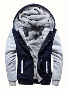 Men's Warm Fleece Hooded Jacket, Autumn Winter Casual Color Block Coat warm fleece