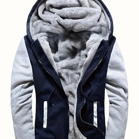 Men's Chic Color-Block Fleece Hooded Long-Sleeve Casual Wear Coat - Warm, Soft, Lightweight Pull-On Autumn-Winter Menswear Top