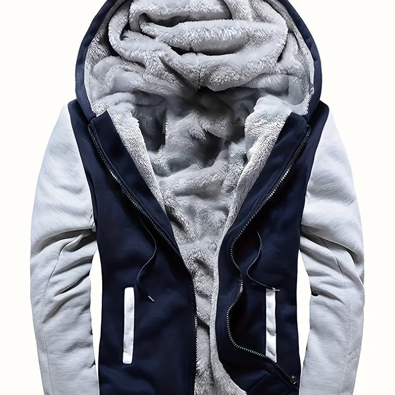 Men's Chic Color-Block Fleece Hooded Long-Sleeve Casual Wear Coat - Warm, Soft, Lightweight Pull-On Autumn-Winter Menswear Top