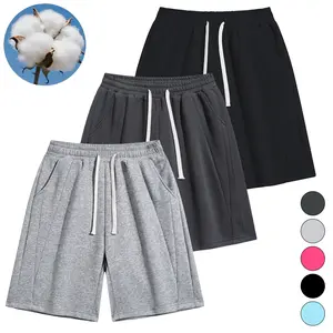 Men’s 3-pack breathable cotton drawstring shorts—loose, comfortable, versatile summer solid-color casual athletic shorts suitable for home wear, leisure, and outdoor activities.