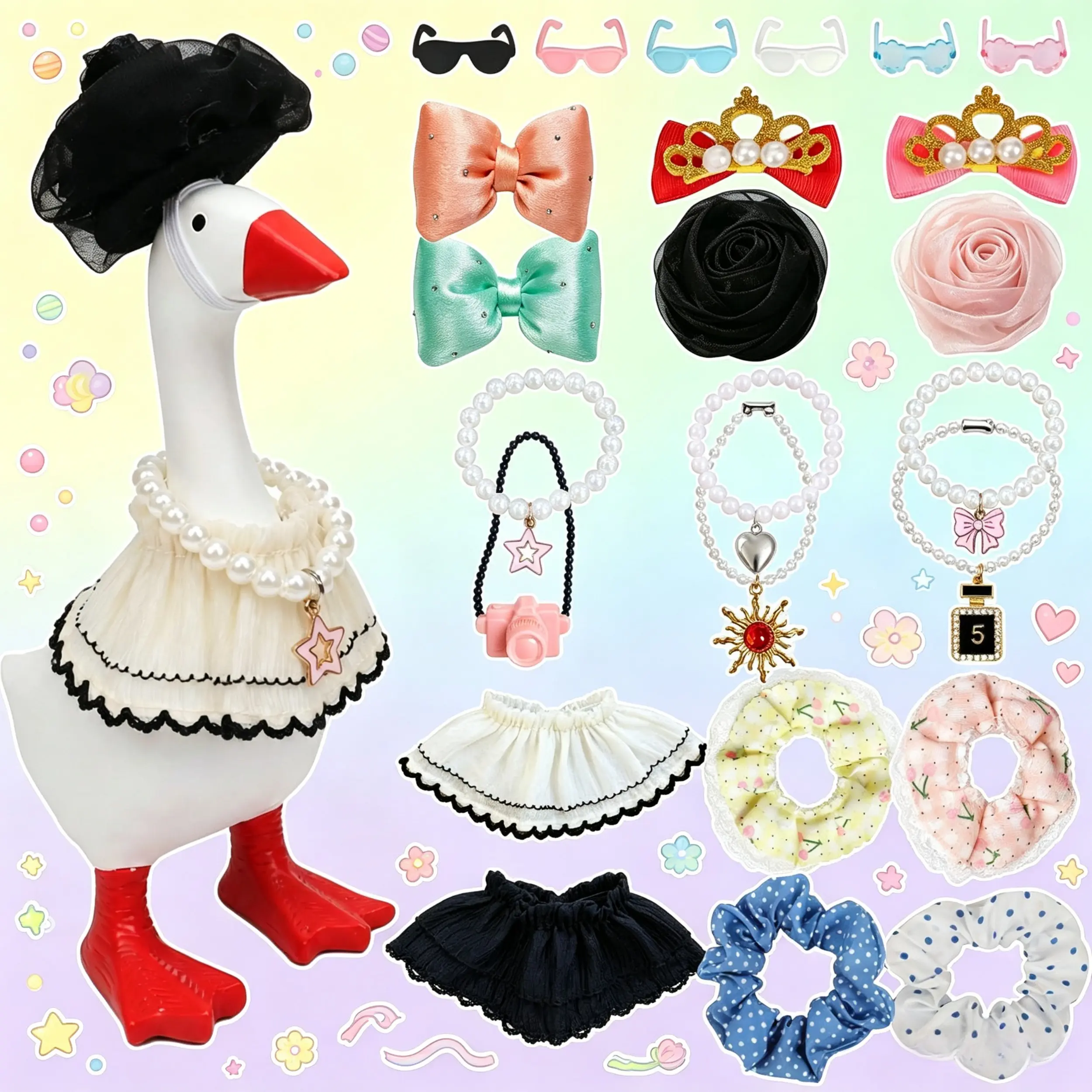 24 PCS 7 Inch Desk Goose Outfit Set, Cute Dress Accessories with Hat Necklace Sunglasses Bow Scrunchies, Decor Clothes for Mini Desk Goose Figurine, Goose Statue Not Included