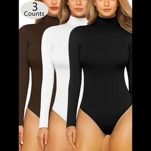 Women's Solid Thermal Lined Long Sleeve Turtleneck Bodysuit, New Style Casual Wear Comfy High Neck Bodysuit for Daily Wear, Tummy Control Bodysuit Long Sleeve, Ladies Shapewear for All Seasons, Body Shaping Underwear