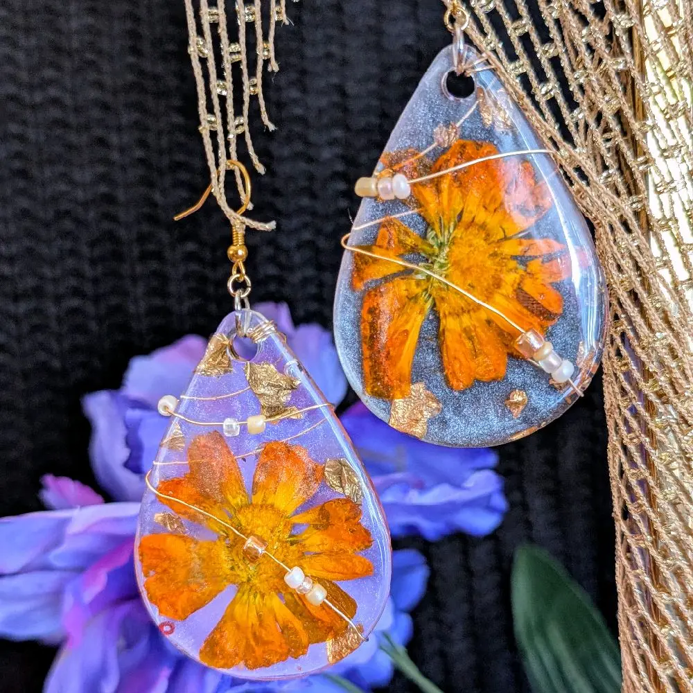 Eclectic Grace Wildflower Resin Earrings - Orange, Green, Gold, Dangle, Shiny, Fun, Nature, Plants