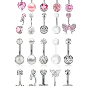 Butterfly Belly Ring, Heart Butterfly Pearl Cubic Zirconia Navel Piercing Jewelry, Stainless Steel Body Piercings 14 Gauge