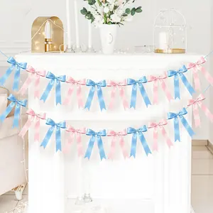 NatNarr 2 Pcs Gender Reveal Party Decor, Pink and Blue Garland Banner Satin Ribbon Party Decorations Pre-Strung Bow Decor Banner for Baby Shower Wedding Birthday Parties