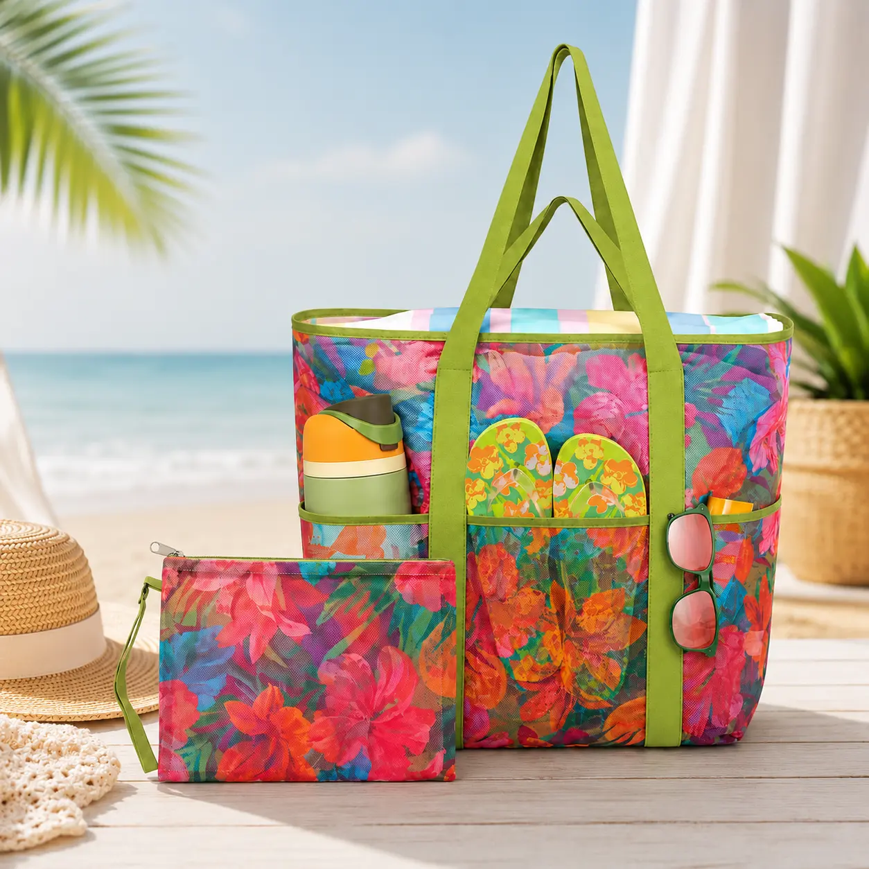 Large Mesh Beach Bag with Zip Pouch Quick Dry Sand Free Pool and Cruise Tote for Women Orange Floral Lightweight Collapsible Swim Bag for Family Travel and Summer Vacation organizer