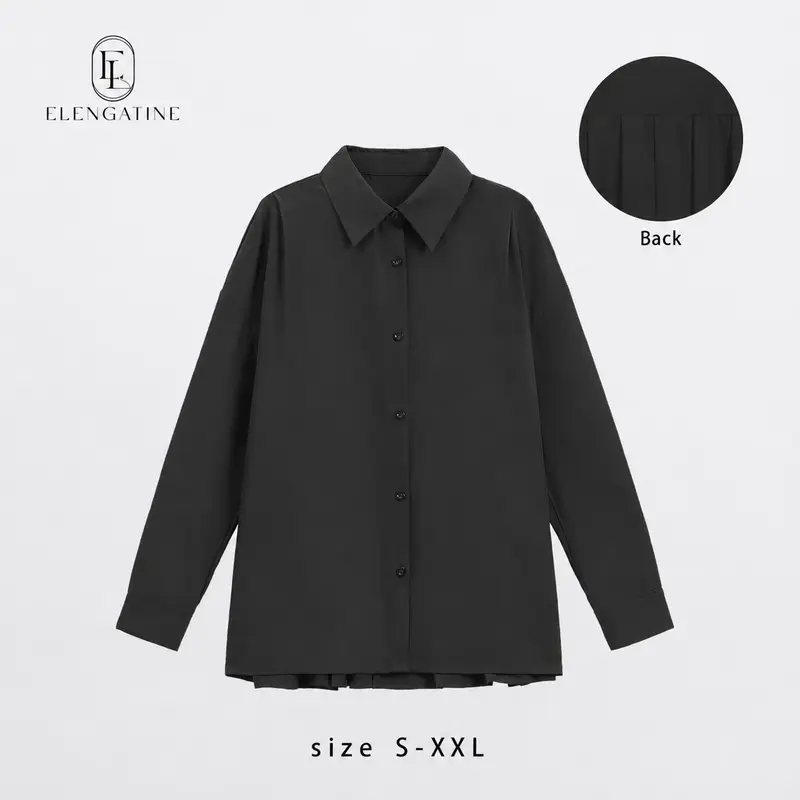 EL ELENGATINE Women's Chic Everyday Oversized Satin Blouse - Soft Drape Elastane-Polyester Fabric, Long Sleeve, Drop Shoulder, Button Front, Quick On-Off, Pleated Back, Stretchy, Fit Office Wear, Capsule Wardrobe Essential