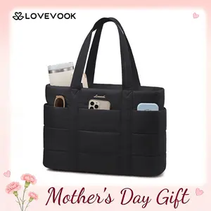 LOVEVOOK Puffer Fashion Tote Bag for Women,Large Multifunctional Work Laptop Bag,Lightweight Travel Shoulder Bag, Multi-pocket Compartment, with Elastic Water Bottle Pocket, Suitable for Multiple Scenarios
