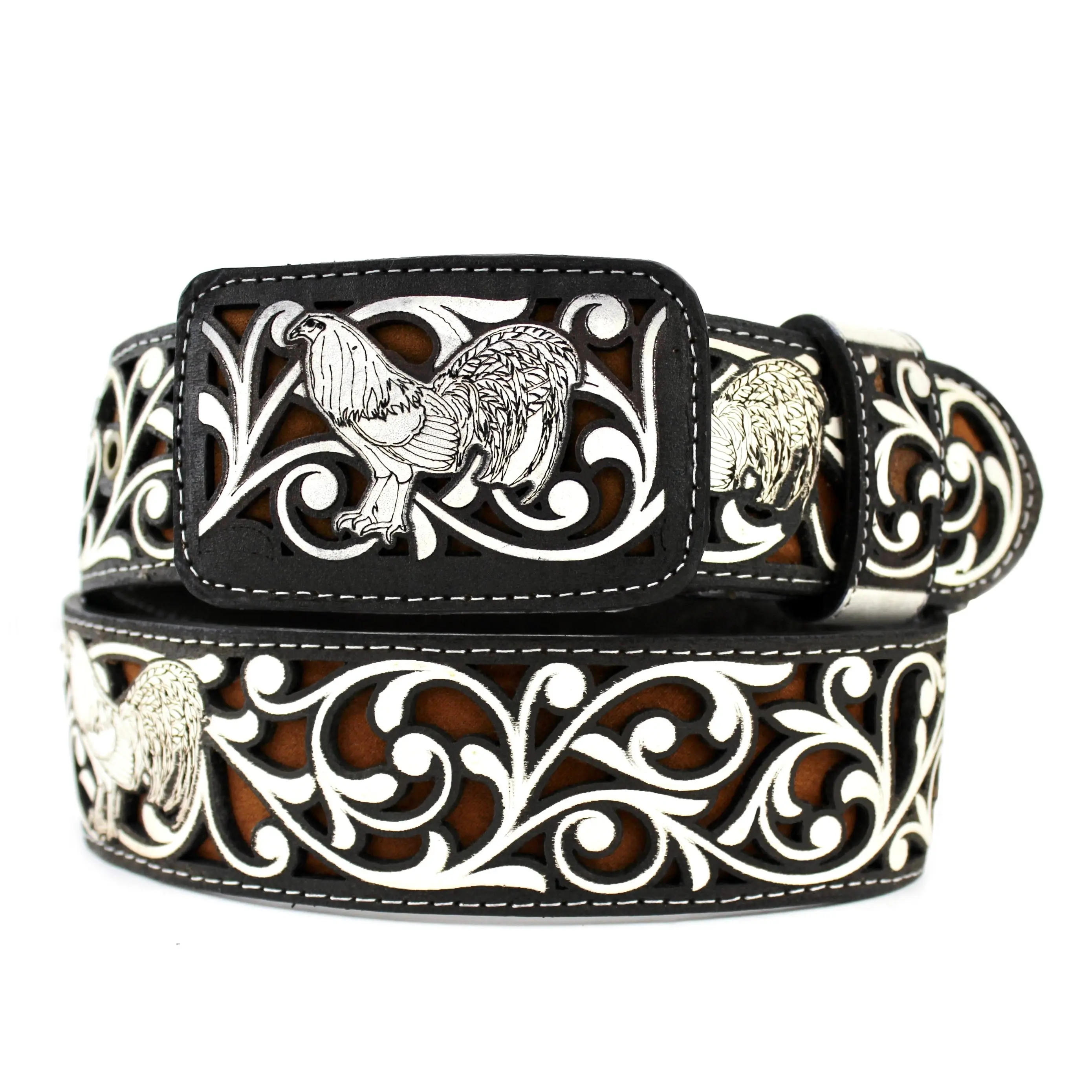 Laser Cowboy Belt w/ Rooster Buckle- White & Brown Laser Cowboy Belt w/ Rooster Buckle- White & Brown
