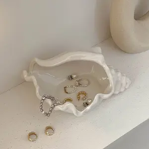 Conch Shaped Ceramic Jewelry Tray, Oval Ocean Theme Decorative Storage Box, Multi-Purpose Ring Earring Necklace Bracelet Key Holder