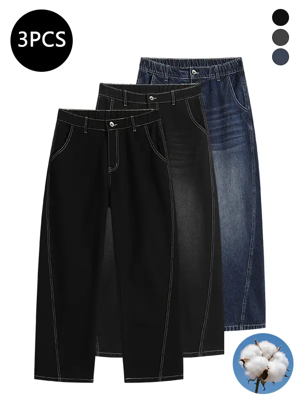 3-pack men’s fall/winter straight-leg jeans—retro high-cotton construction for excellent warmth, gradient soft tones that are understated and stylish, straight-cut design optimized for proportion, and easy to wear even for slightly fuller figures.