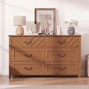 6 Drawer Dresser for Bedroom, Brown Wooden Chest of Drawers with 3D V-Shape Front, 47" Wide Storage Organizer Cabinet for Living Room, Nursery, Entryway