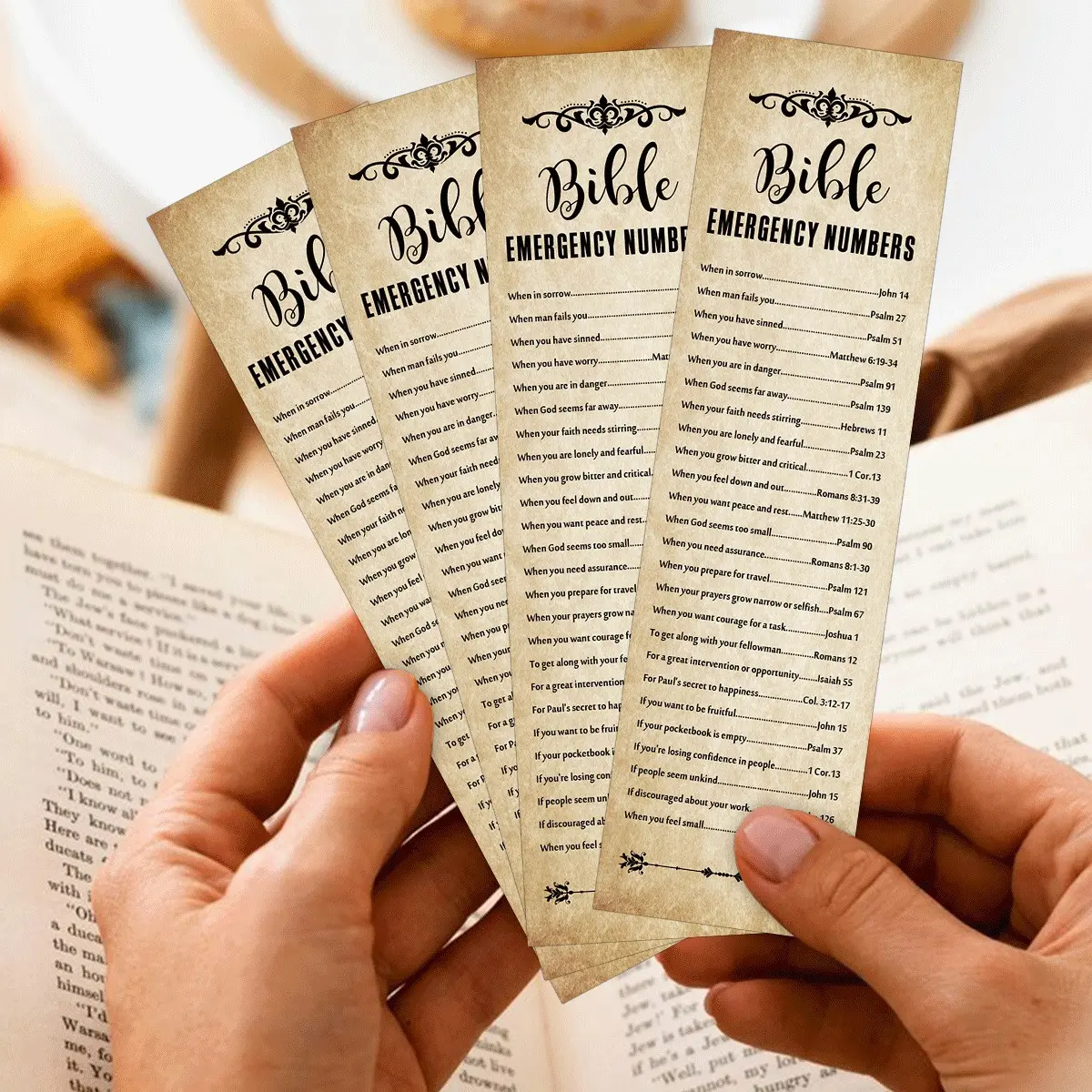 30 Bible Emergency Numbers Bookmarks, Vintage Design Christian Scripture Page Markers, Inspirational Bible Verse Cards for Bible Reading, Church Gifts & Daily Devotion, Religious Gift Tags, Sunday School Prizes, Book Accessories