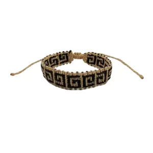 Handmade Macrame Bracelet with Geometric Labyrinth Design Unisex Black & Beige Thread Ancient Technique Accessory