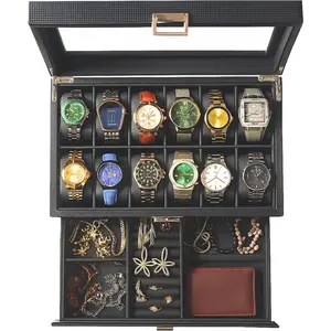 12-Slot Watch Box in PU Leather with Valet Drawer, 2-Tier Luxury Watch Case Display Organizer for Men Women, Sunglass Holder & Mens  Box With Glass Top, Ideal  for Watch Storage (Carbon)